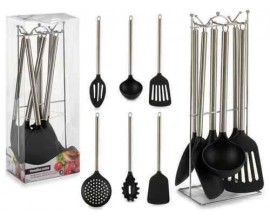 CUCINA SET COMPLETO MESTOLI ACCESSORI ACCIAIO E SILICONE CON SUPPORTO